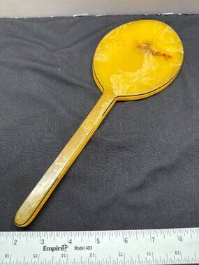 Vintage Art Deco Tortoiseshell Hand Mirror Marbled Yellow Handle And Oval Glass